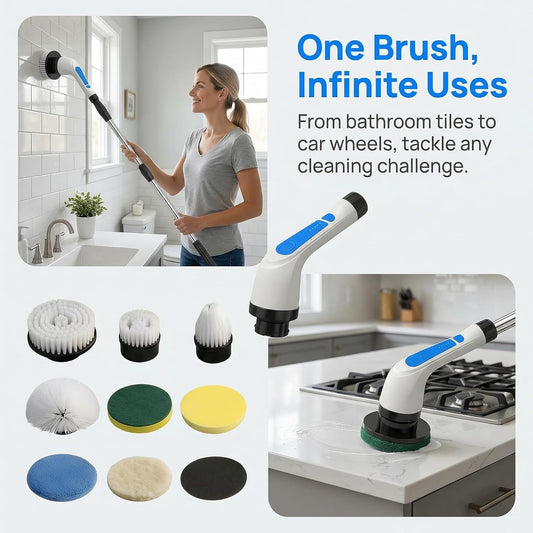Electric Spin Scrubber - Ditch the Scrubbing! Long Handle Shower Scrubber with 9 Replaceable Heads & 2 Speed Cordless Brush in Modern White!