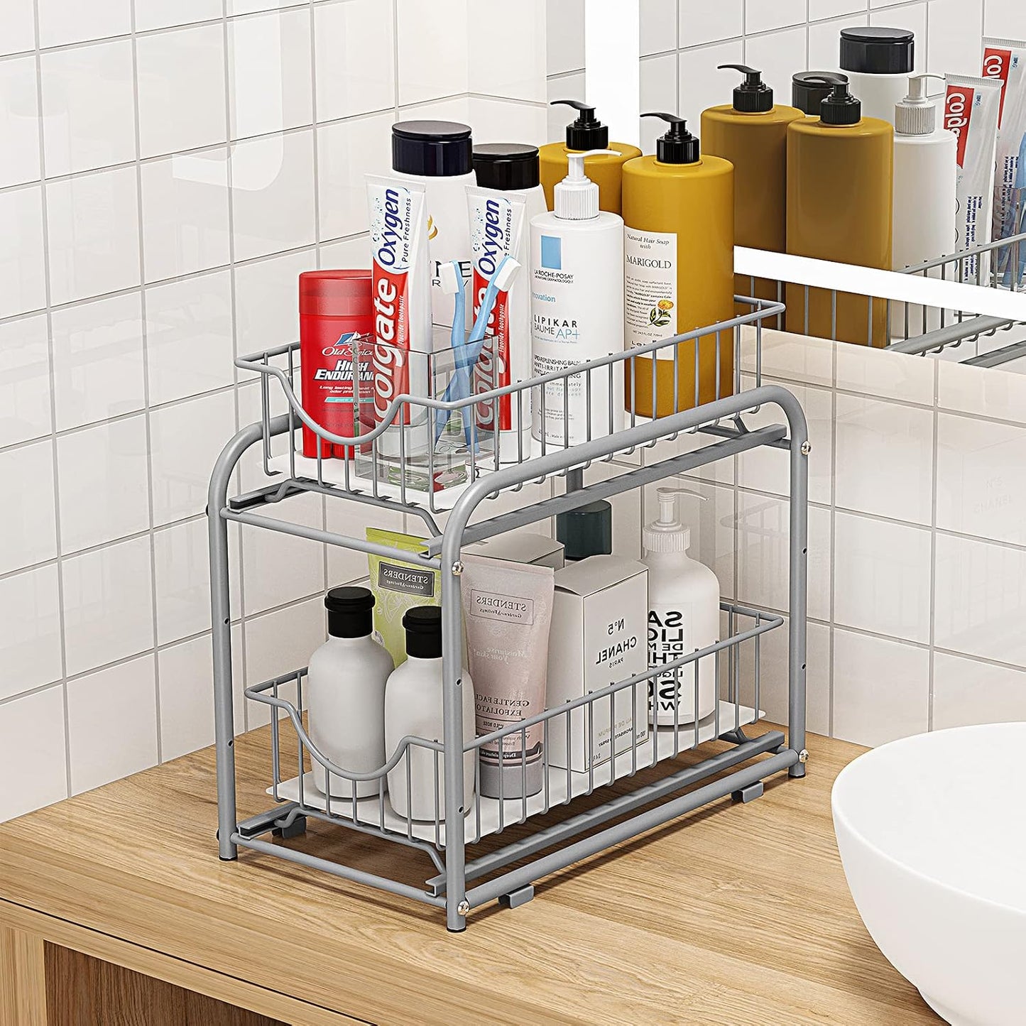 Pull-out Cabinet Organizer, Stackable 2-tier Under Sink Rack, with Sliding Storage Drawer for Pantry, and Desktop, for Bathroom, Kitchen, Office, Black