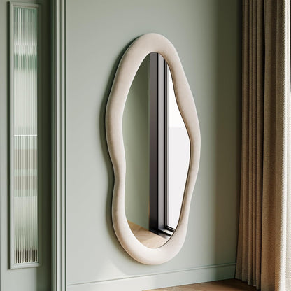 Honyee Full Length Mirror, 63" x 24" Wall Mirror, Flannel Wrapped Wooden Frame Floor Mirror, Irregular Wavy Mirror Hanging or Leaning Against Wall for Cloakroom/Bedroom/Living Room, Milk Tea