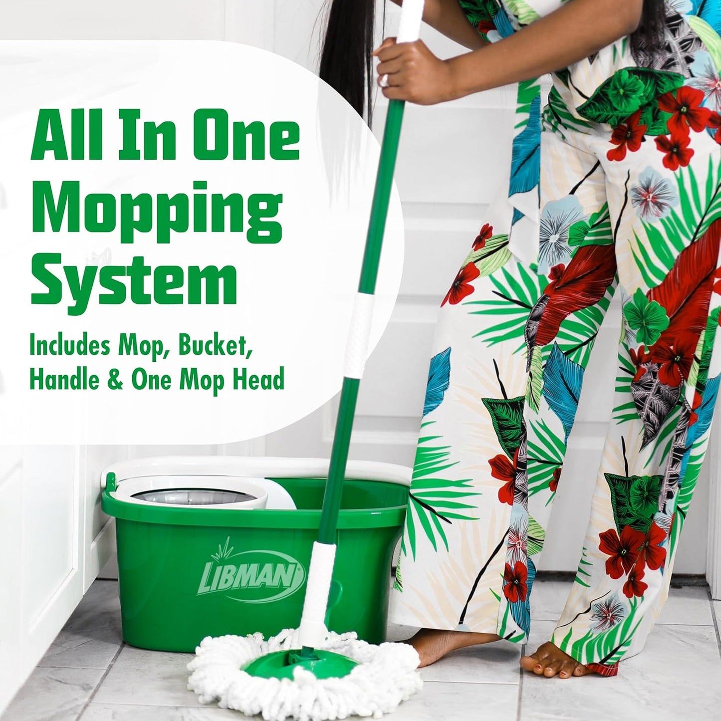 Libman Tornado Spin Mop System and 1 Refill, Mop and Bucket with Wringer Set for Hardwood Floor Cleaning, 2 Total Heads Included