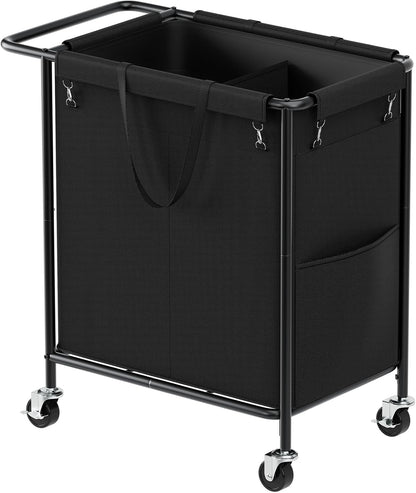 Double Laundry Hamper with Wheels,200L Rolling Laundry Basket 2 Section with Lid,Steel Frame Laundry Cart with Handle and Removable Bags,Dirty Clothes Hamper for Laundry Room,Dorm,Black