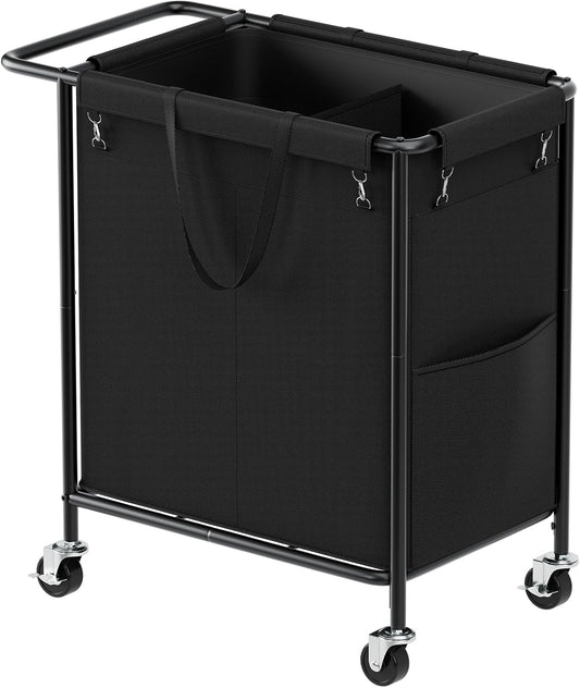 Double Laundry Hamper with Wheels,200L Rolling Laundry Basket 2 Section with Lid,Steel Frame Laundry Cart with Handle and Removable Bags,Dirty Clothes Hamper for Laundry Room,Dorm,Black
