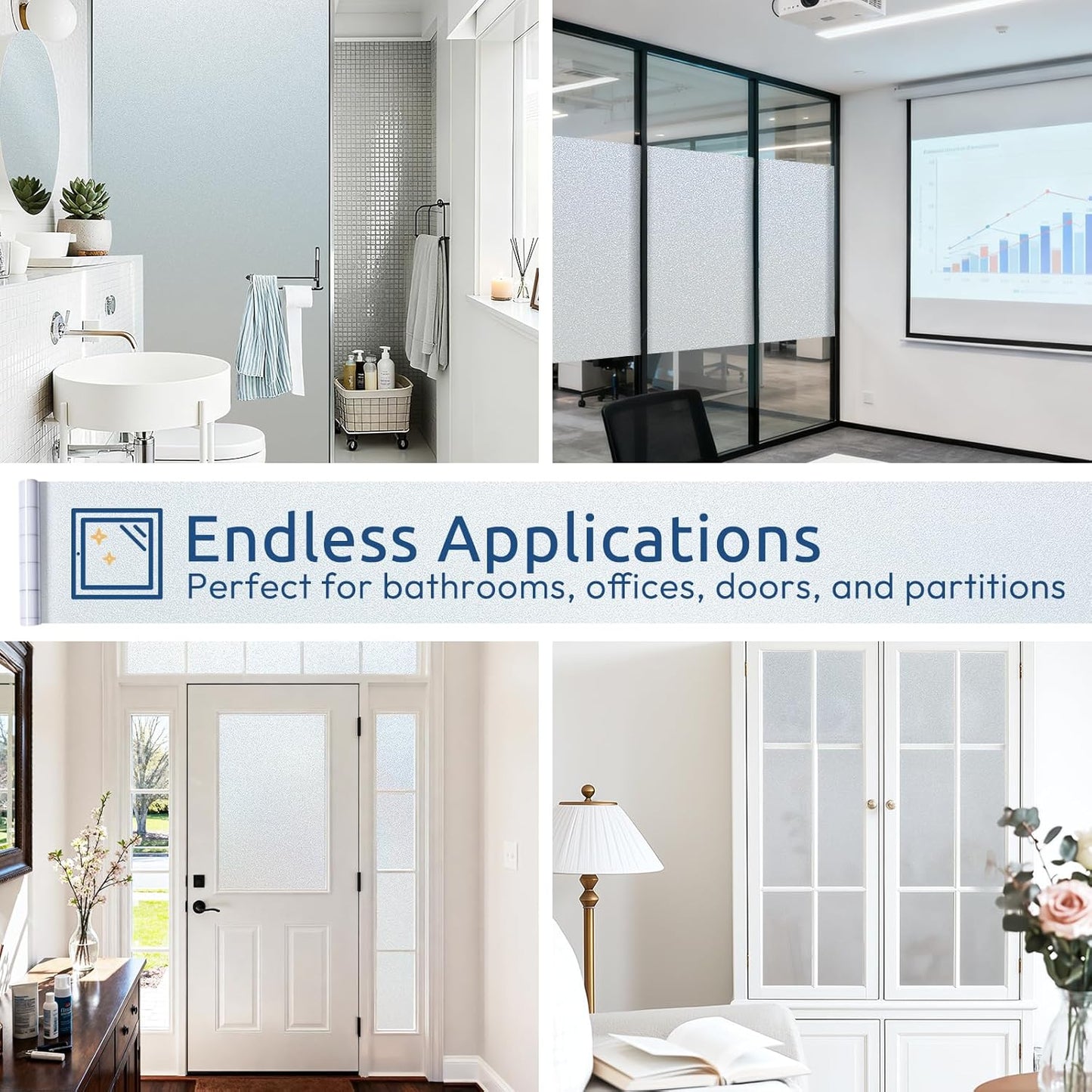 rabbitgoo Frosted Glass Window Privacy Film, No Glue, Anti-Glare Heat Blocking, Easy to Install, Renter Friendly Removable Opaque Bathroom Window Clings for Glass, 17.5" x 78.7"