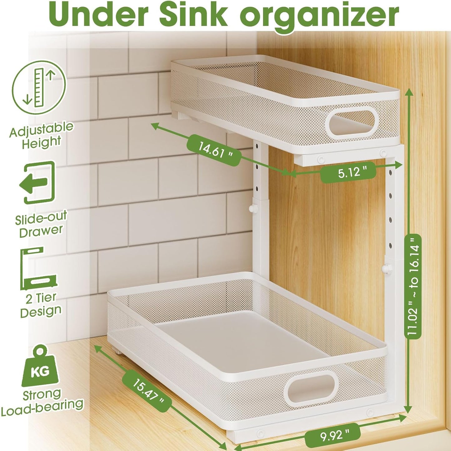 Under Sink Organizer 2-Pack, Metal 2-Tier Pull-Out Cabinet Shelf with Slide-Out Mesh Drawers, Height Adjustable, Space-Saving Under Sink Storage Racks for Kitchen, Bathroom, Laundry Room