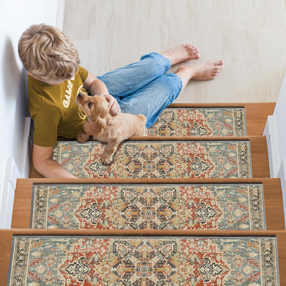 Non Slip Stair Treads for Wooden Steps, 15 Pack 8"x30" Washable Carpet | 8x30 in soft chenille polyester stair treads with reusable TPE backing for indoor wood stairs, dogs, kids, and seniors