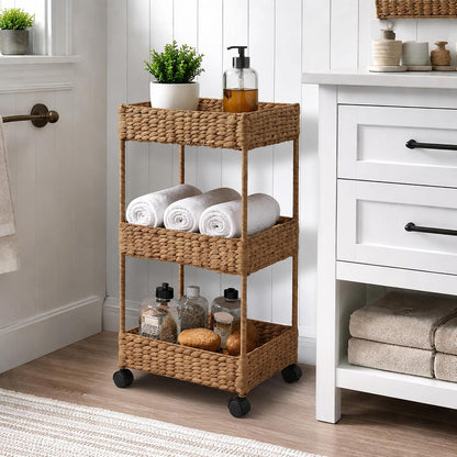 Casafield 3-Tier Rolling Storage Cart - Natural, Water Hyacinth Nursery Caddy, Utility Cart for Bathroom, Craft Room, Laundry Room Organization