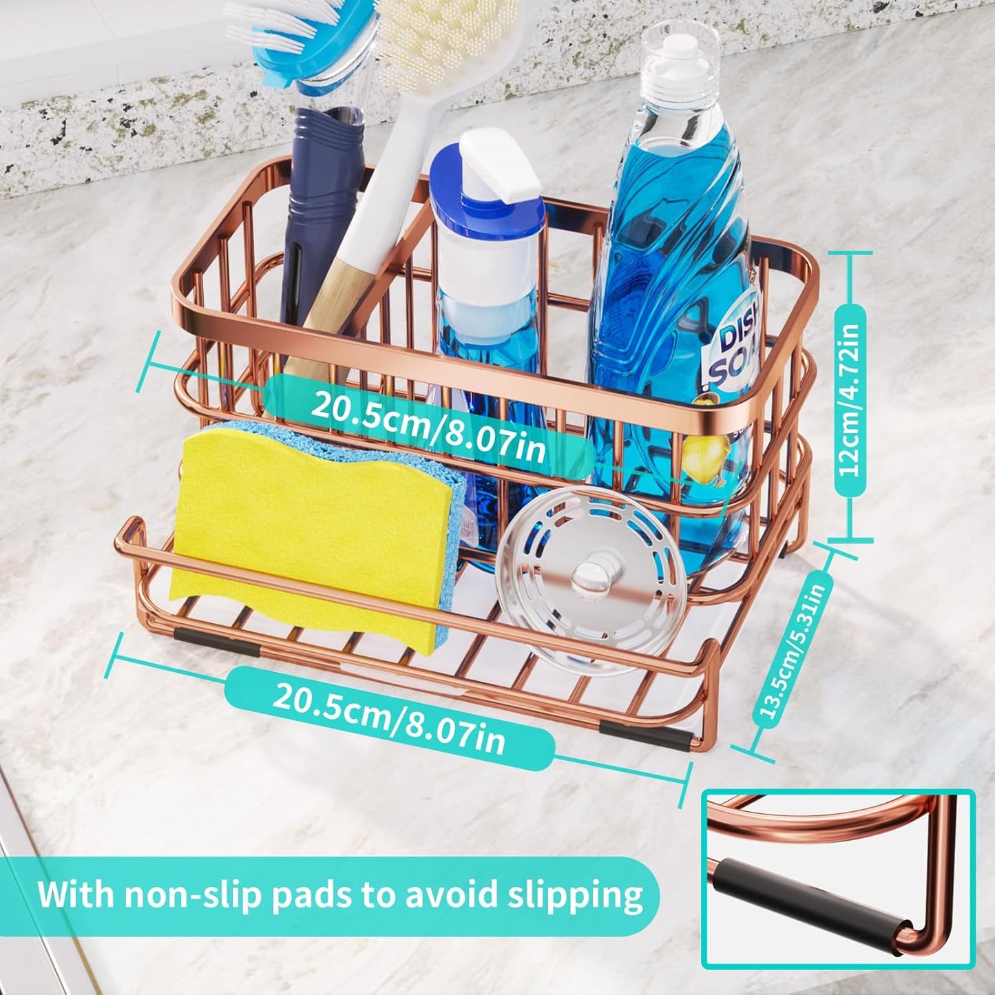 HapiRm Kitchen Sink Organizer, SUS304 Stainless Steel Rustproof Multifunctional Large Sink Caddy with Sponge Holder and Drain Tray for Kitchen Countertop (Silver)