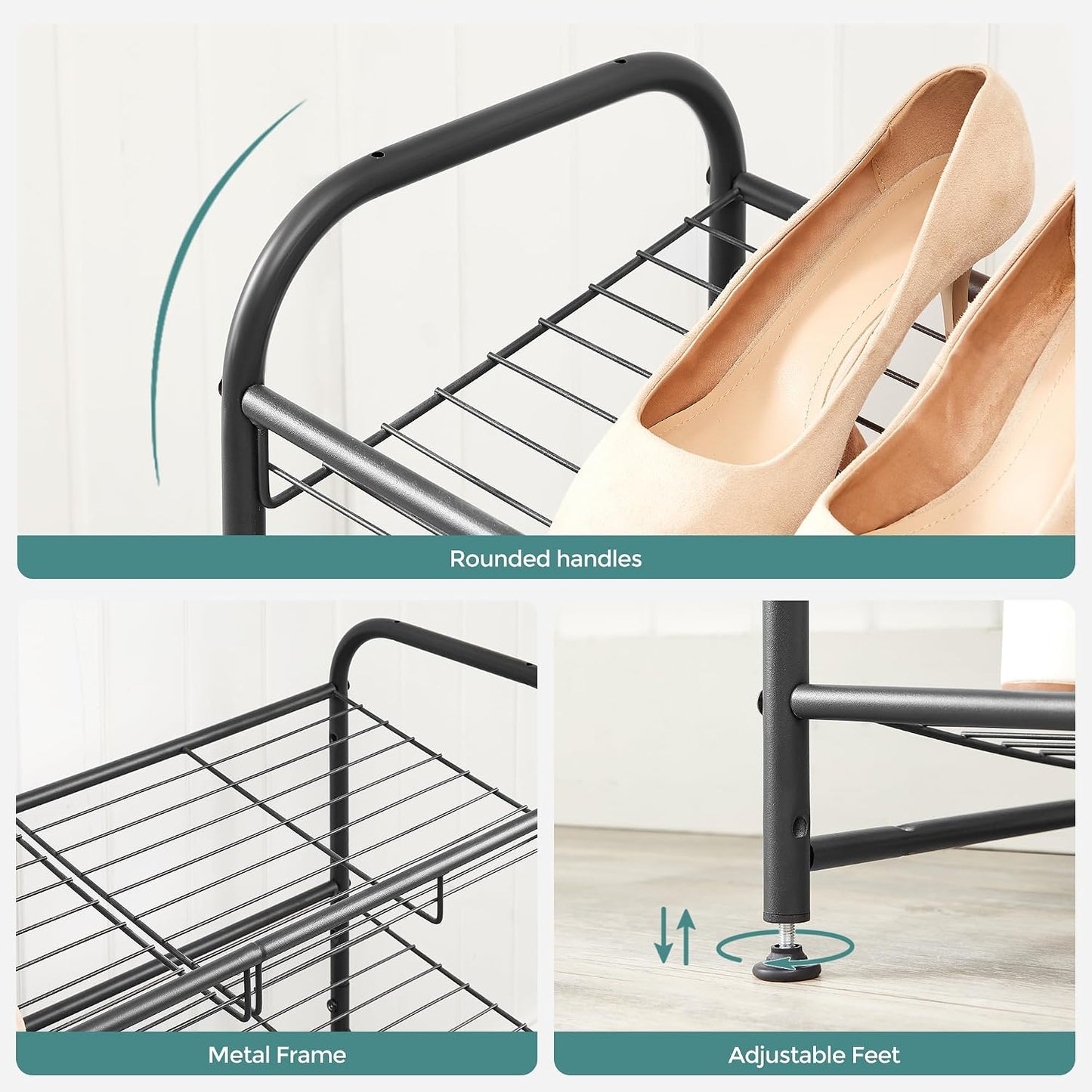 SONGMICS Stackable Shoe Rack, 4 Tier Metal Shoes Rack Storage Shelf, Holds up to 16 Pairs Shoes, Adjustable Slanted Shelves Shoe Tower Organizer for Closet Entryway Small Spaces, Black