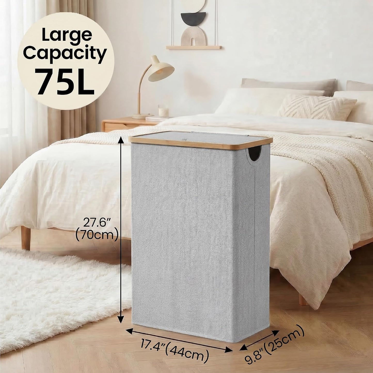 efluky Slim Laundry Basket with Lid, Narrow Laundry Hamper with Removable Bag, Skinny Dirty Clothes Basket with Bamboo Handles for Bathroom, Bedroom & Laundry Room, 75L Beige