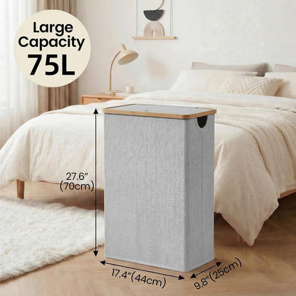 efluky Slim Laundry Basket with Lid, Narrow Laundry Hamper with Removable Bag, Skinny Dirty Clothes Basket with Bamboo Handles for Bathroom, Bedroom & Laundry Room, 75L Beige