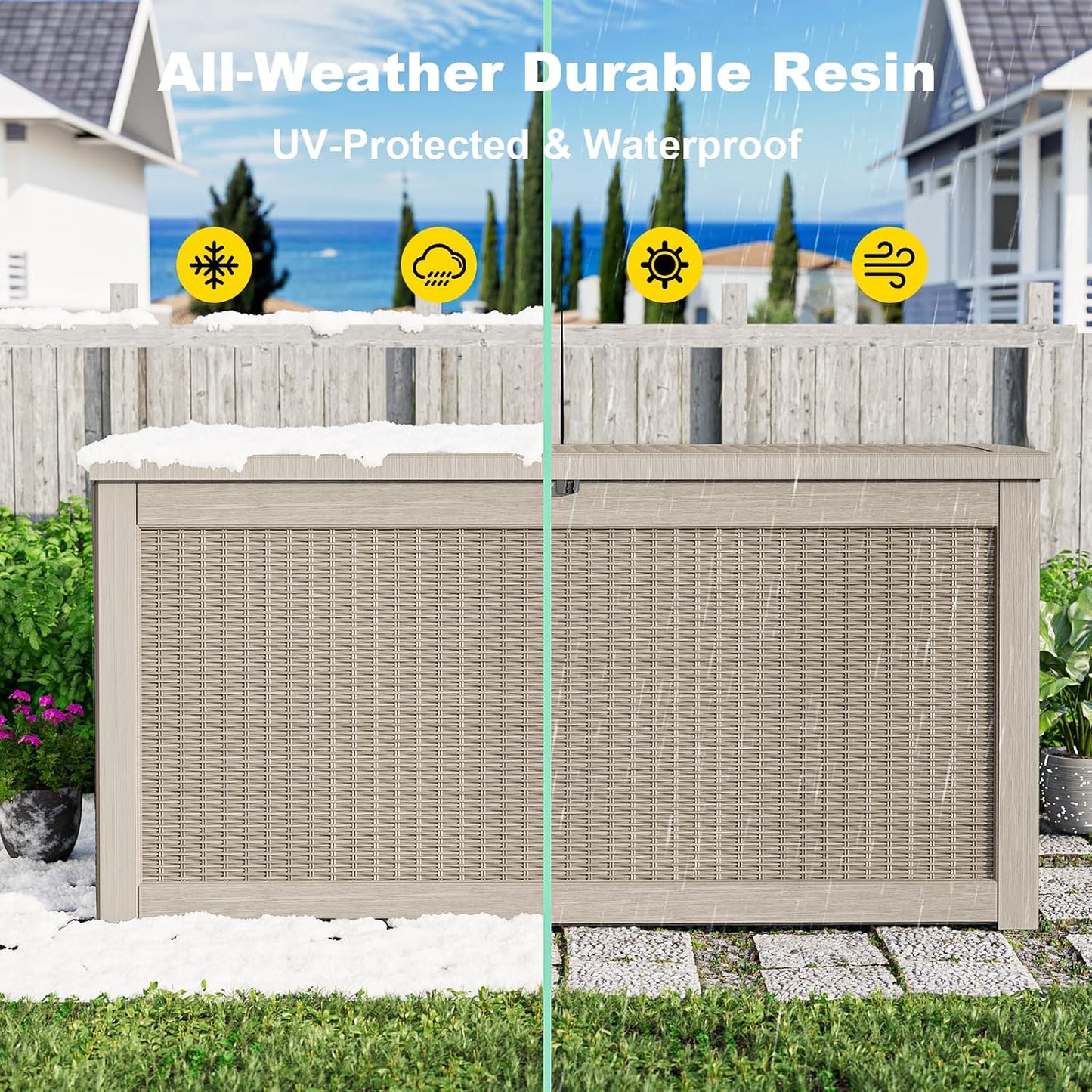 Outdoor Waterproof Resin Storage Deck Box Lockable Outside Bench UV Resistant Bin Patio Porch Furniture Pool Float Garden Tool Cushion (Black, 85 Gallon)