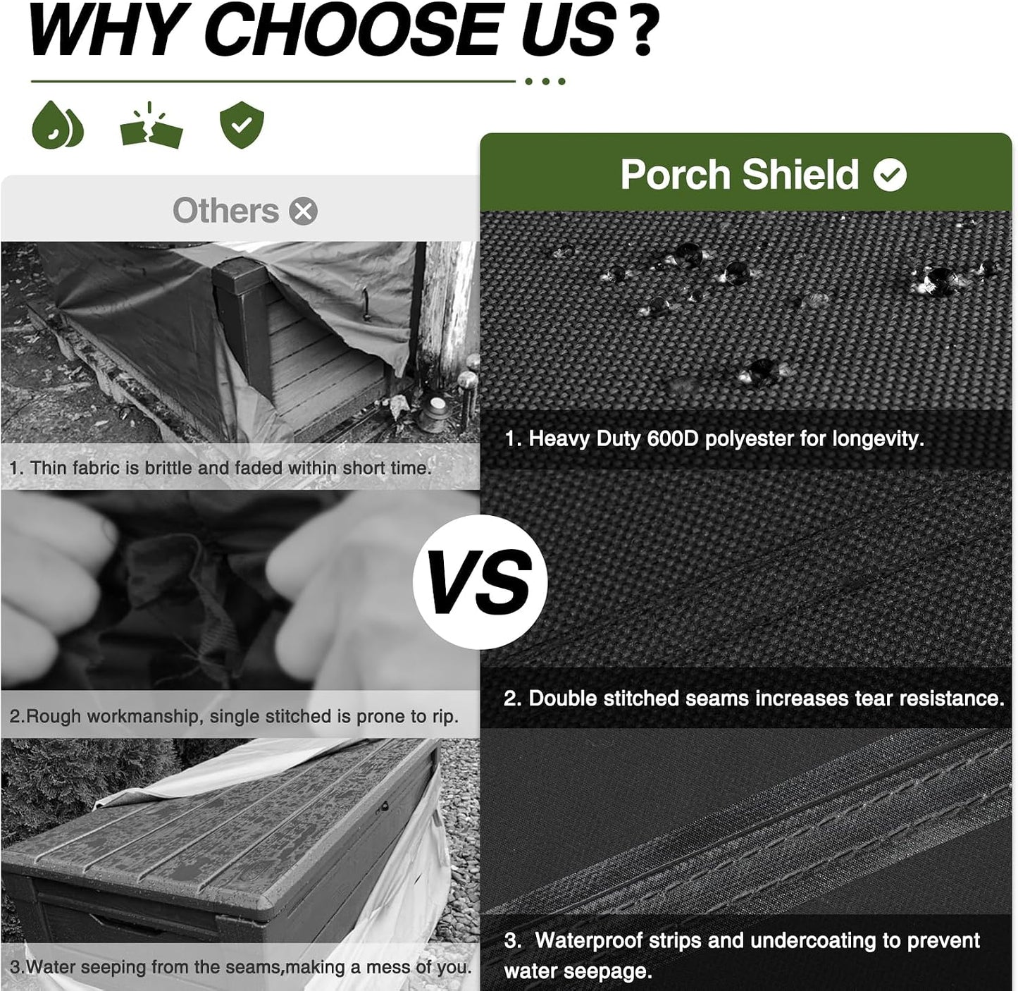 Porch Shield Patio Deck Box Storage Cover - 600D Outdoor Waterproof Cover for 150-230 Gallon Box Tear Resistant Rectangular Fire Pit Table Covers 62 x 29 x 28inch Black