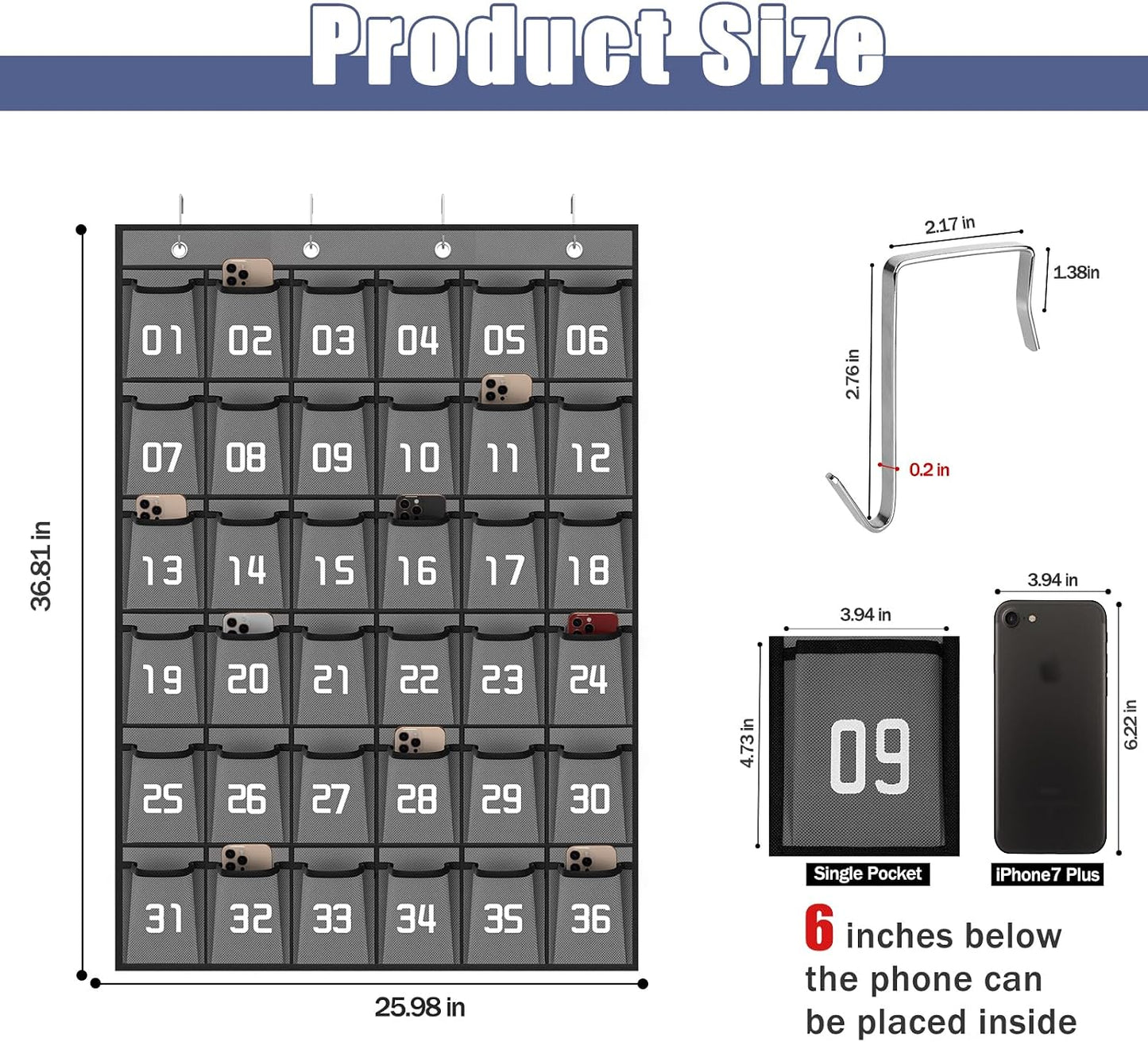 Loghot 36 Numbered Pockets Classroom Pocket Chart for Cell Phone Holder | Wall Door Hanging Pocket Organizer for Phone Calculator Holder, Phone Pouch for School Classroom & Office Phone Management