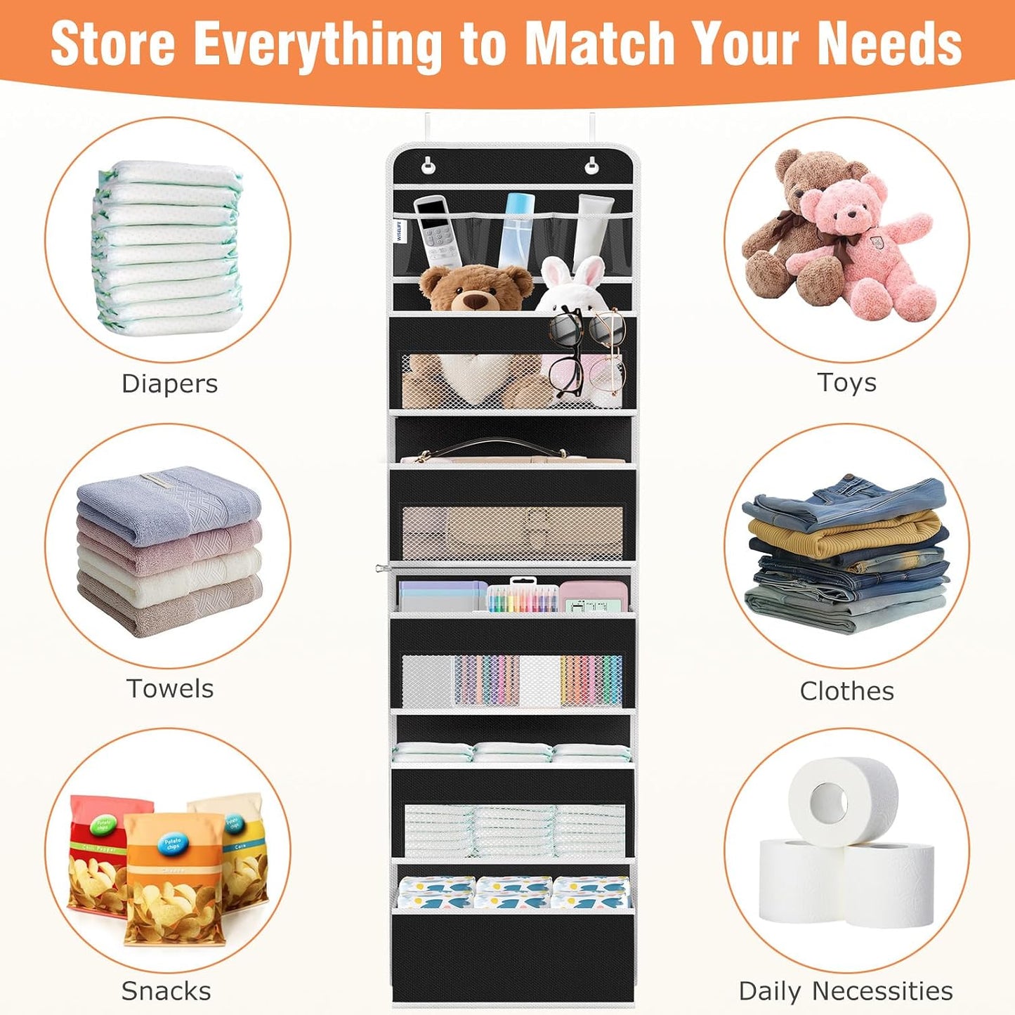WISELIFE Over The Door Organizer Storage 4 Shelves Large Capacity Hanging Bedroom Storage Solution with 6 Side Pockets for Dorm Bathroom Pantry Nursery and Baby Essentials Holds up to 40 Lbs (Black)