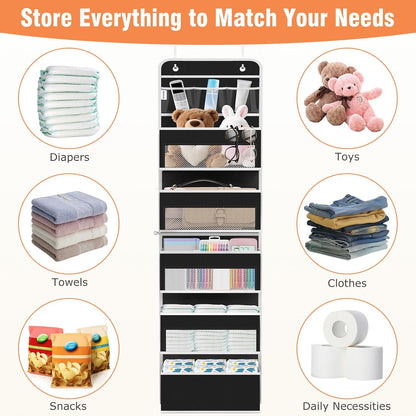 WISELIFE Over The Door Organizer Storage 4 Shelves Large Capacity Hanging Bedroom Storage Solution with 6 Side Pockets for Dorm Bathroom Pantry Nursery and Baby Essentials Holds up to 40 Lbs (Black)