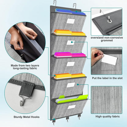 homyfort Over the Door File Organizer, Wall Hanging File Folders with 5 Large Pocket for Mails, Magazines, Back to School Supplies,Office Chart Storage, Paper Organization (Grey)