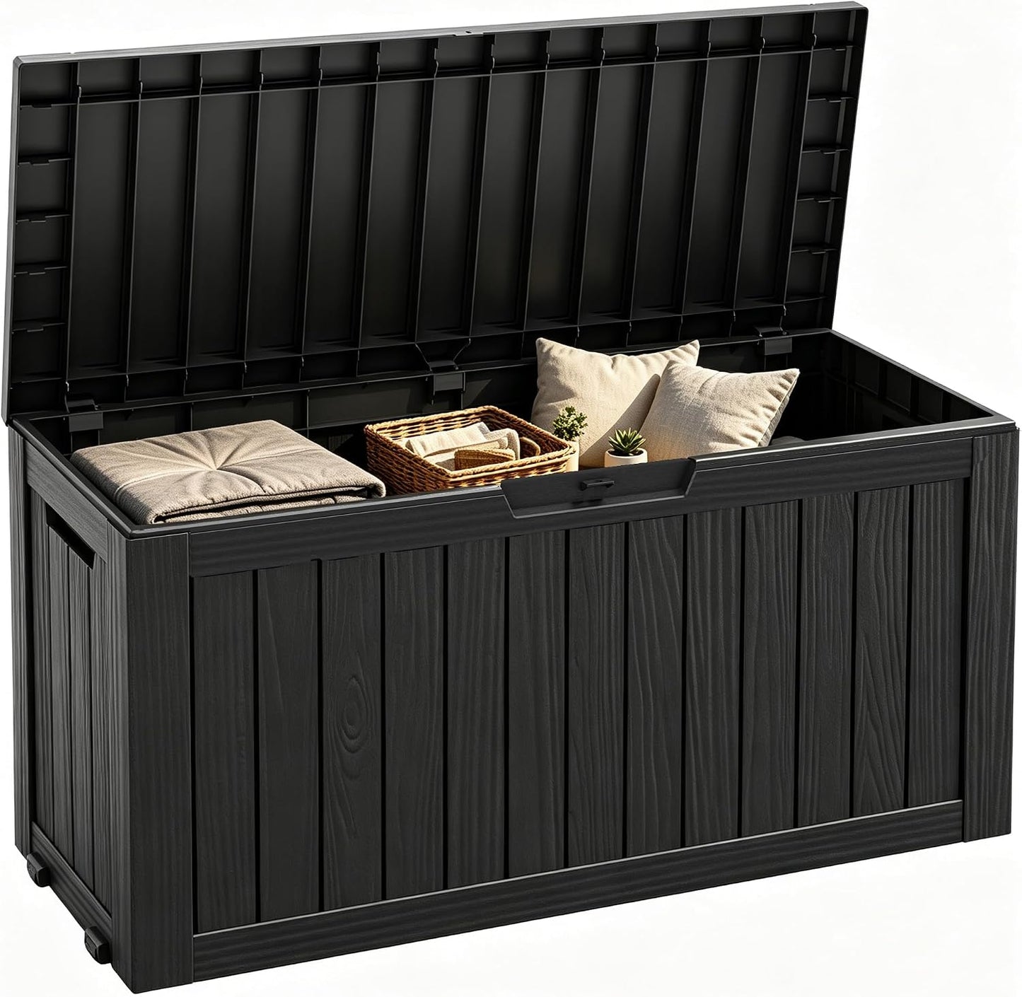 Fancyango 75 Gallon Outdoor Deck Box Waterproof, Large Storage Box for Patio, Resin Storage Bench Lockable for Garden Tools, Package Delivery, Black