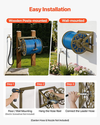 VEVOR Wall Mounted Garden Hose Reel, Holds 125 ft 5/8-inch Hose, Heavy-Duty Water Hose Winder, Space-Saving Design, Outdoor Manual Reel with Brass Fitting and Storage Basket for Yard Lawn