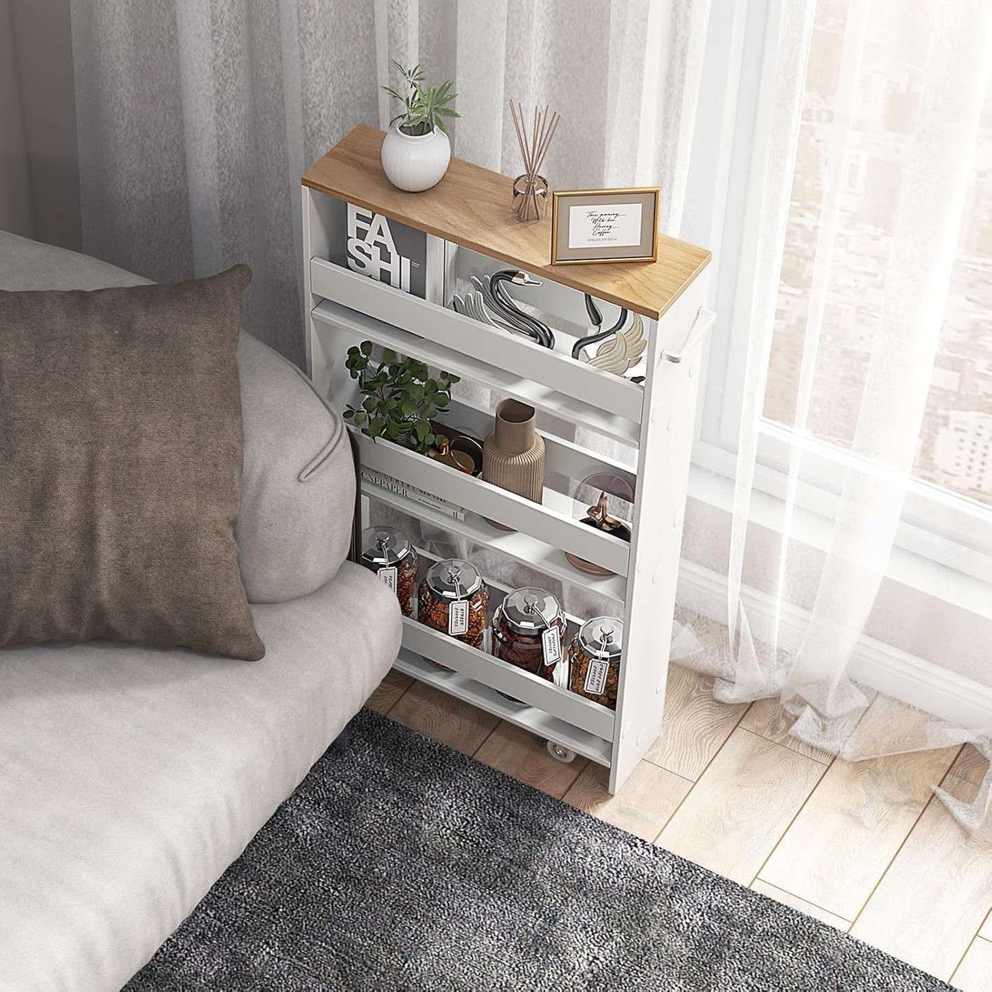 COSTWAY Slim Rolling Storage Cart, 4-Tier Rolling Utility Cart, Wood Kitchen Storage Cart with Handle & Wheels, Narrow Rolling Shelving Unit for Kitchen Bathroom Laundry Small Places (Plain White)