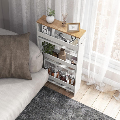COSTWAY Slim Rolling Storage Cart, 4-Tier Rolling Utility Cart, Wood Kitchen Storage Cart with Handle & Wheels, Narrow Rolling Shelving Unit for Kitchen Bathroom Laundry Small Places (Plain White)