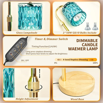 Candle Warmer Lamp with Timer and Dimmable, Electric Wax Melt Candle Warmers Height Adjustable with 2 Bulbs, Birthday Gifts for Women House Warming, Home Decor for Scented Jar Candles(Clear)