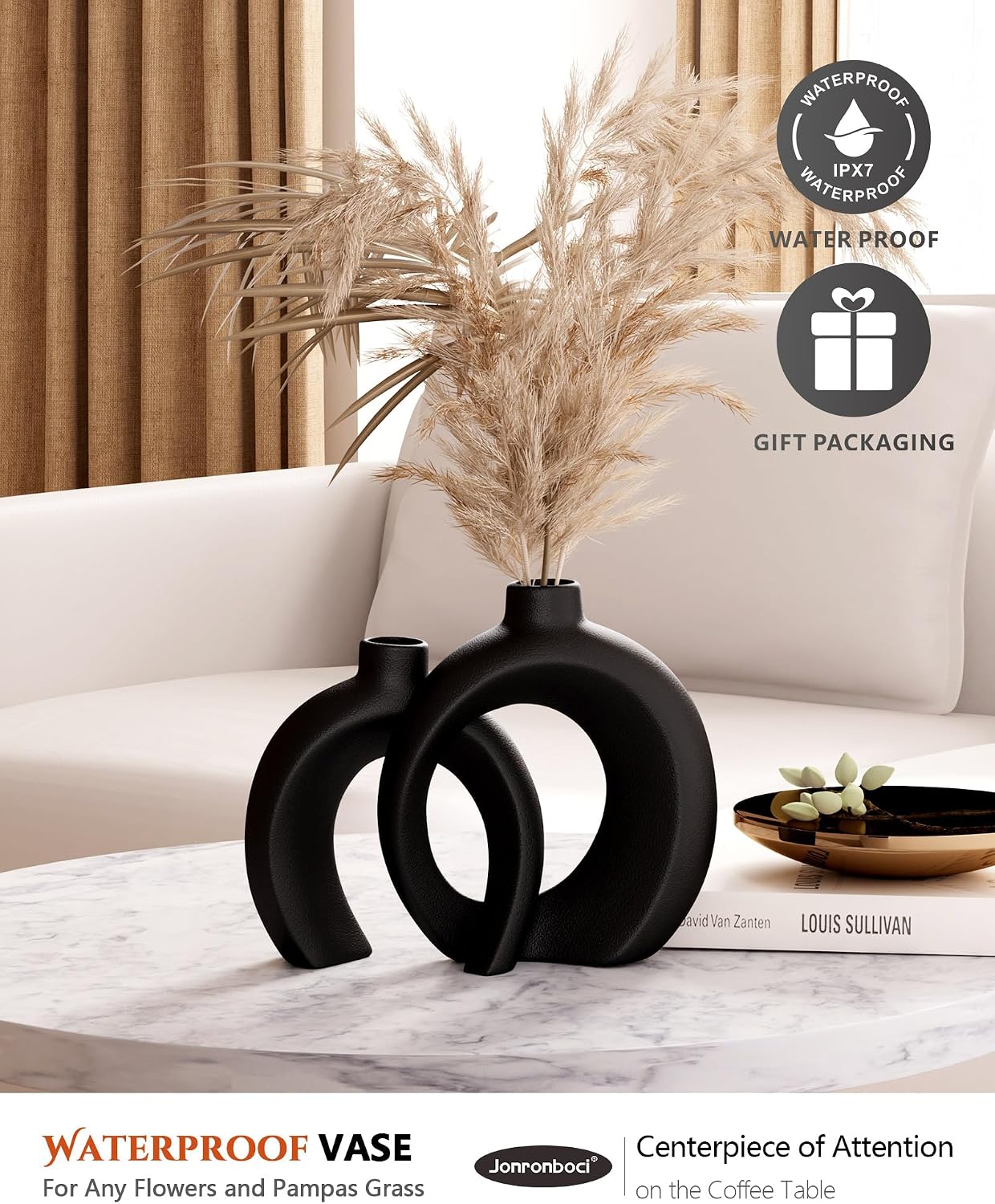 7.2″Hx8.9″H Donut Shape Decorative Vase Set of 2, Ceramic, Modern Minimalism Styles, Flowers or Plant Table Vases for Home Decor Living Room Shelf Entry Console Mantle Dining Centerpiece (Matte White)