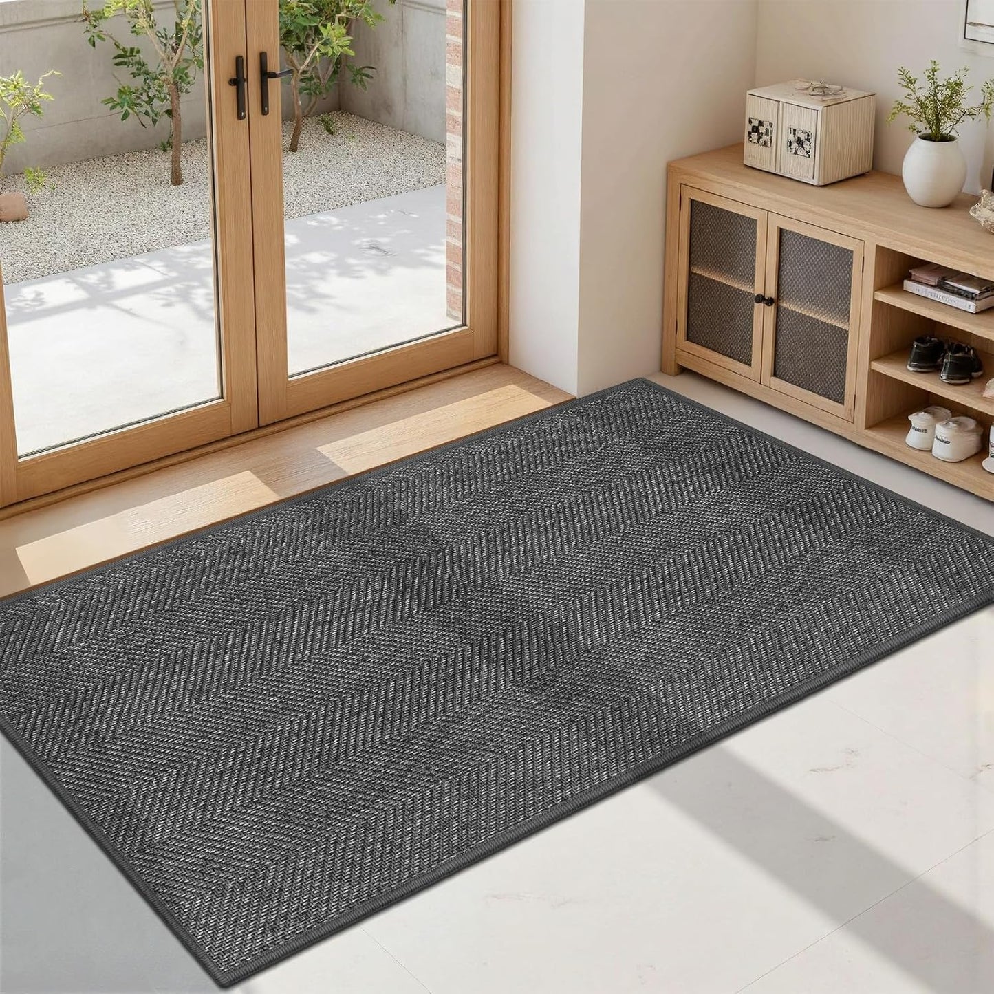 Ultra Thin Indoor Door Mat 24"x36", Washable Door Mat Indoor Entrance, Non Slip Rubber Backing Doormat Low-Profile Inside Entryway Mat, Unique Herringbone Design Entry Mat, Khaki (FOLD)