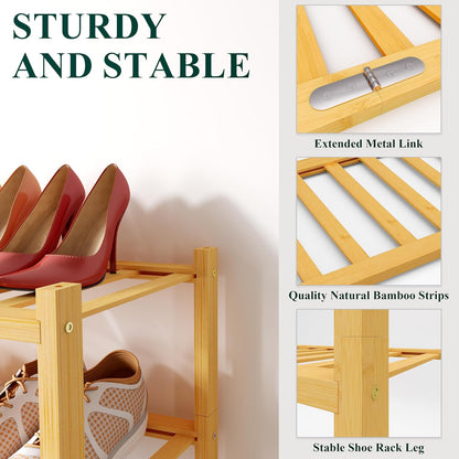 Smiry Bamboo Shoe Rack for Closet, 3 Tier Wooden Shoe Organizer, Stackable Wood Shoe Storage Shelf for Entryway, 14 Vertical Slats, One-piece Heavy-Duty Legs, 26.77"x11.02"x18.31", Natural