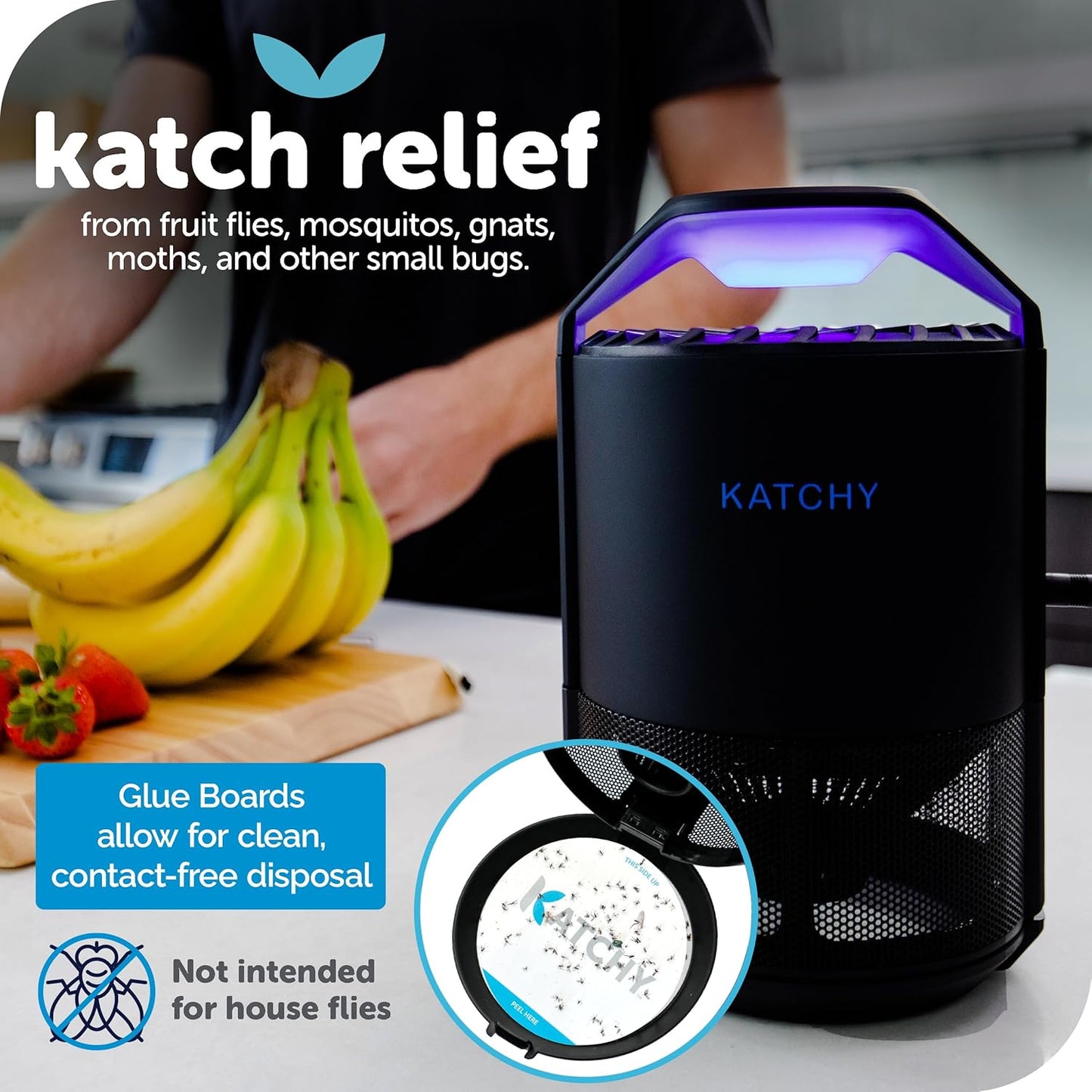 The Original Katchy Indoor Insect Trap - Fan Powered with UV Light - Fruit Fly Traps for Indoors - for Fruit Flies, Gnats, Mosquitoes, Moths (Black)