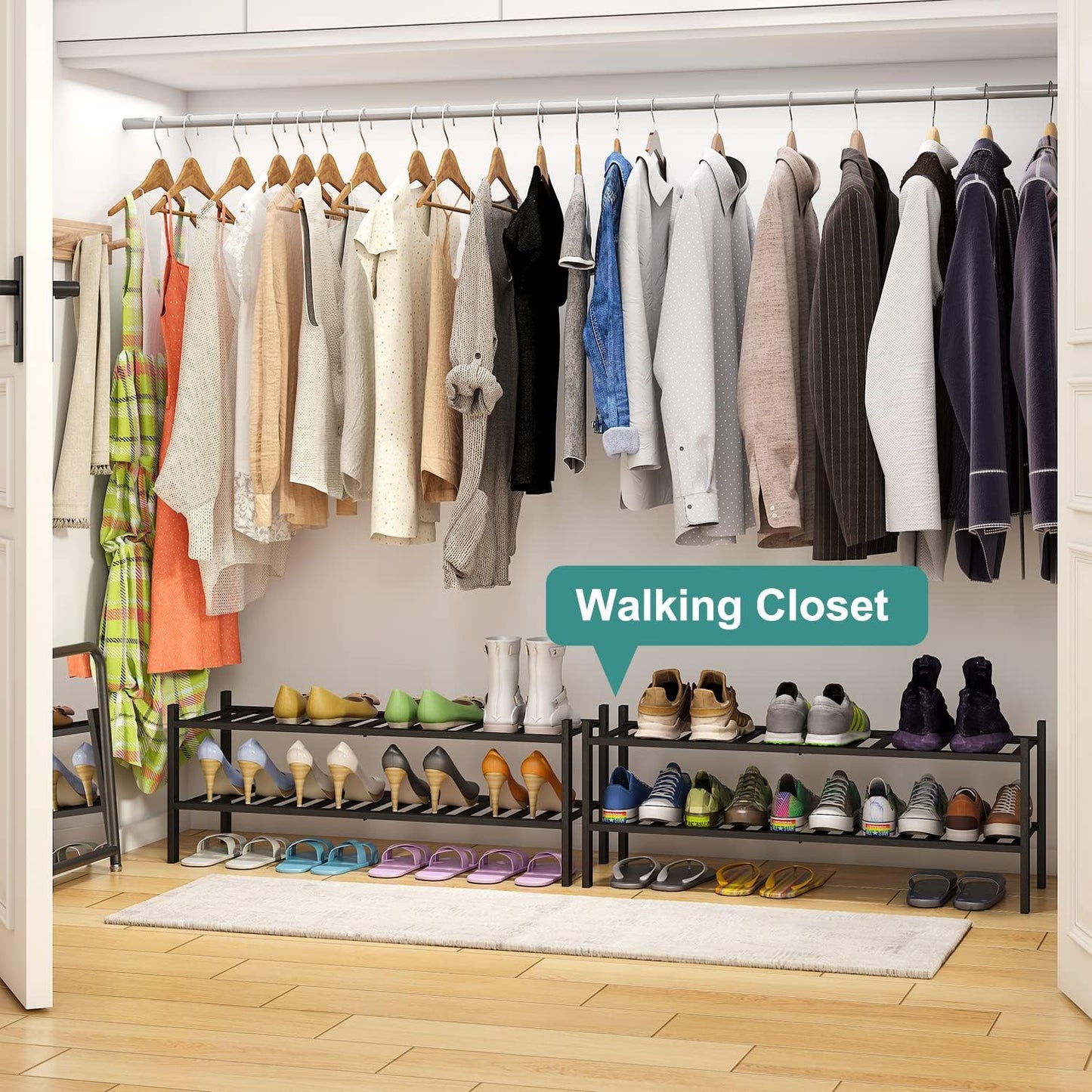 viewcare 3-Tier Black Bamboo Shoe Rack for Entryway, Stackable | Foldable | Natural, Shoe Shelf Storage Organizer for Hallway Closet, Free Standing Shoe Racks for Indoor Outdoor