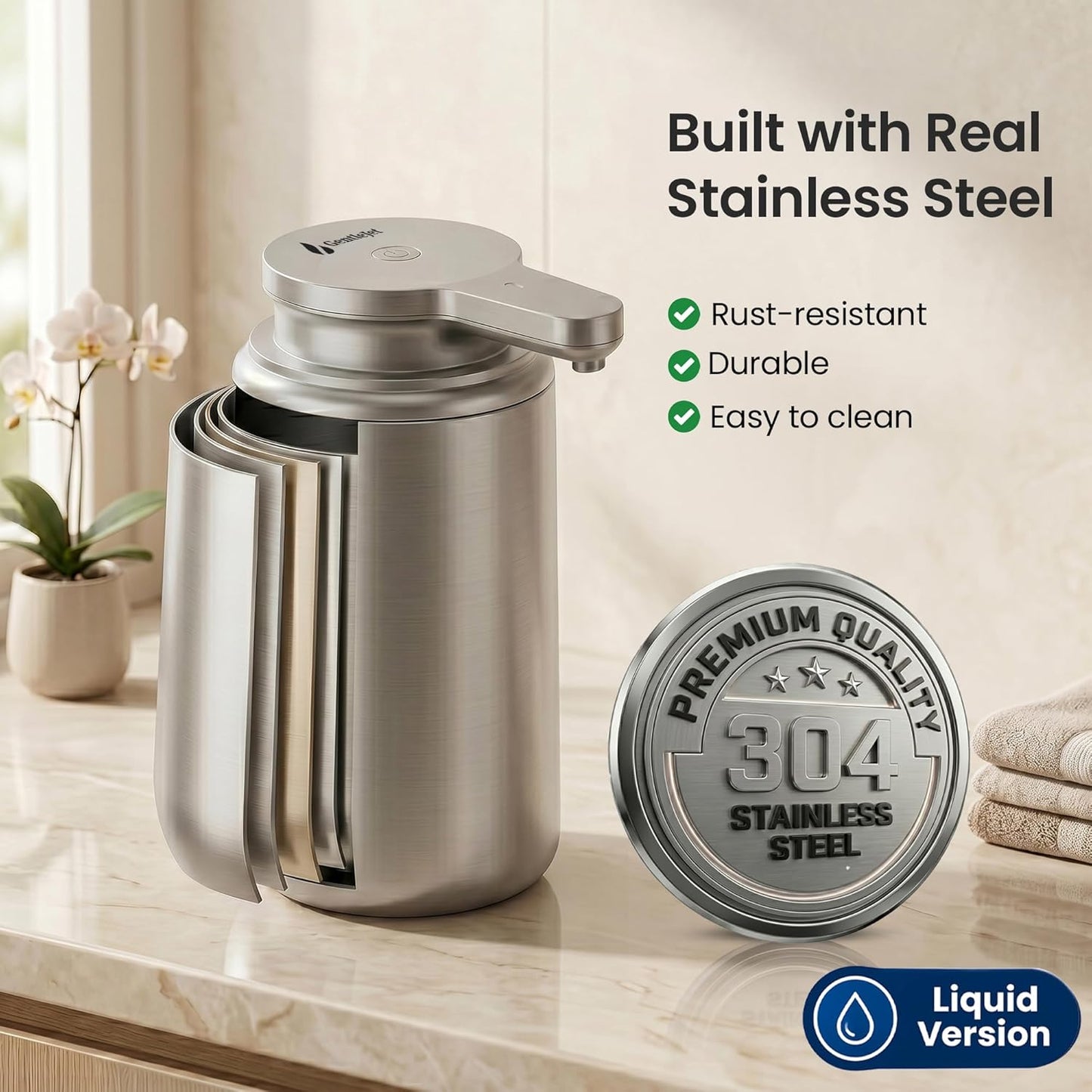 GentleJet WaveJet Automatic Foaming Soap Dispenser – Touchless Sensor, USB-C Rechargeable, 304 Stainless Steel, IPX5 Waterproof for Bathroom Kitchen Sink, 12 oz / 350 ml