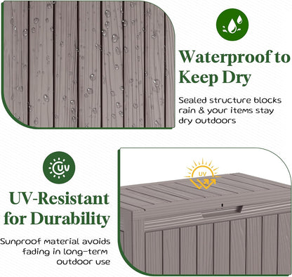 PatioZen 50 Gallon Deck Box Outdoor, Weatherproof Resin Patio Storage Box, Waterproof Outdoor Storage Boxes with Lid Lockable for Cushions, Garden Tools,Grey