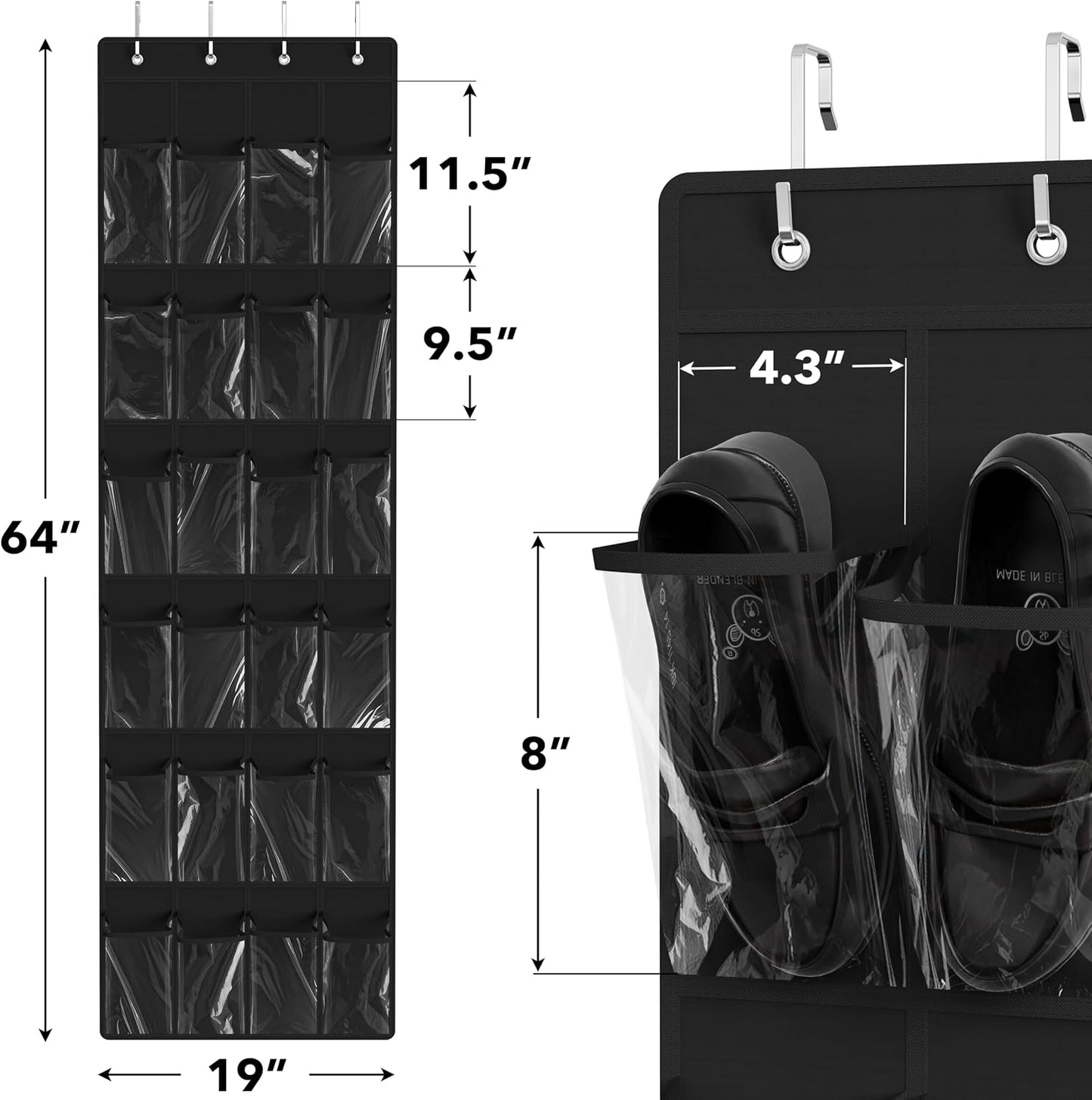 Simple Houseware 24 Pockets - Crystal Clear Over The Door Hanging Shoe Organizer, Gray (64'' x 19'')