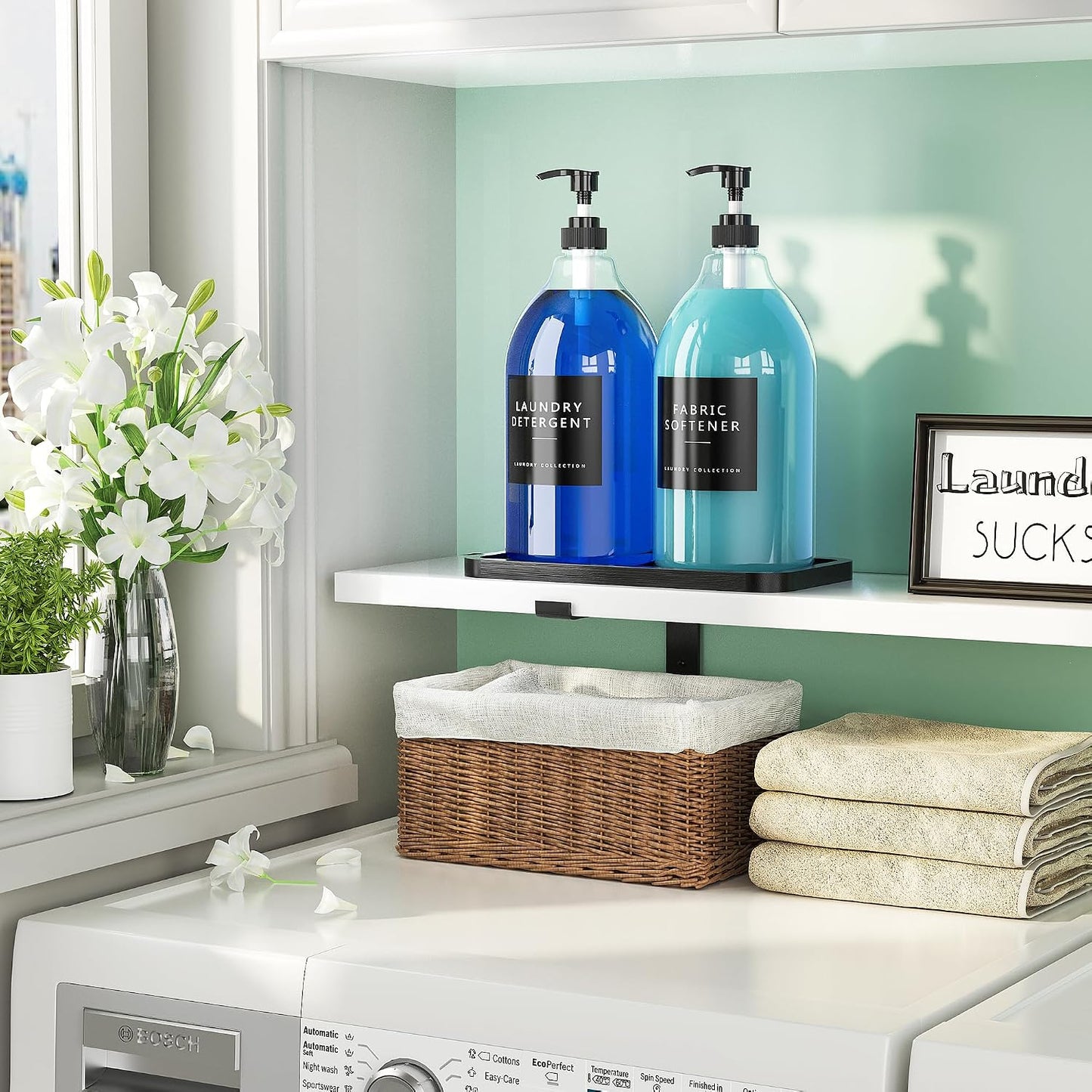 Moforoco 2 Pack Black Liquid Laundry Detergent Dispenser with Bamboo Tray, 64 Oz Plastic Laundry Soap Dispenser, Fabric Softener Dispenser with Pump and Labels for Laundry Room Decor and Organization