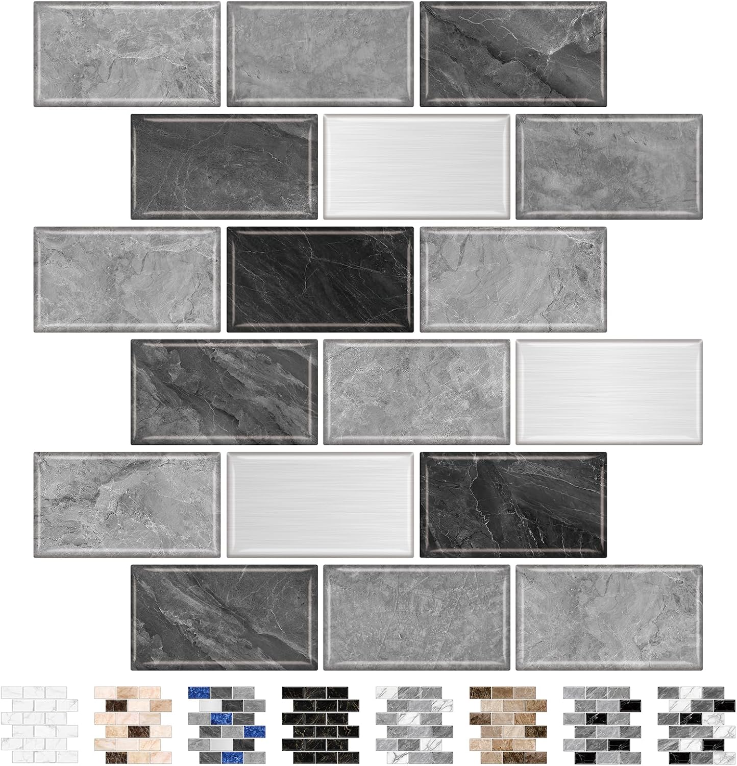 URCOLOR 10-Sheet Subway Tile Peel and Stick Backsplash for Kitchen,12"x12" Self Adhesive Wall Tiles Sticker on Back Splashes for Bathroom Gray Marble Design