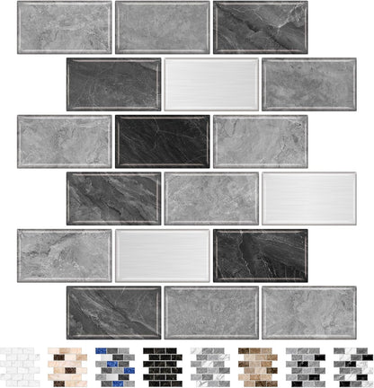 URCOLOR 10-Sheet Subway Tile Peel and Stick Backsplash for Kitchen,12"x12" Self Adhesive Wall Tiles Sticker on Back Splashes for Bathroom Gray Marble Design