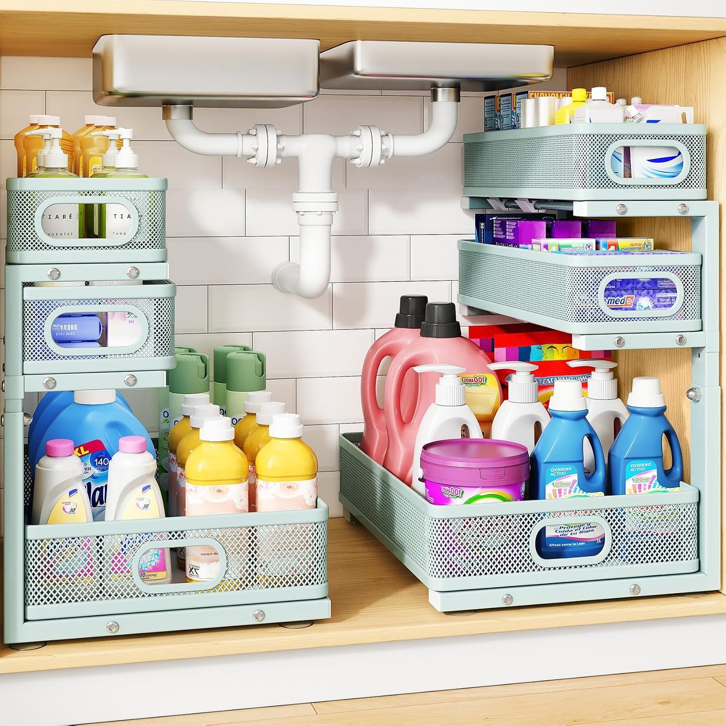 Under Sink Organizer, 2-Pack 3-Tier Thickened Metal Pull out Cabinet Organizer Shelf, Height Adjustable Slide out Storage Drawer Rack for Kitchen Bathroom Pantry Laundry Home Office Organization