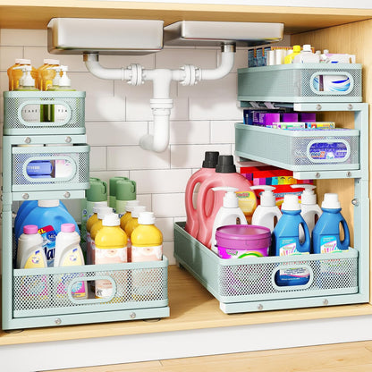 Under Sink Organizer, 2-Pack 3-Tier Thickened Metal Pull out Cabinet Organizer Shelf, Height Adjustable Slide out Storage Drawer Rack for Kitchen Bathroom Pantry Laundry Home Office Organization