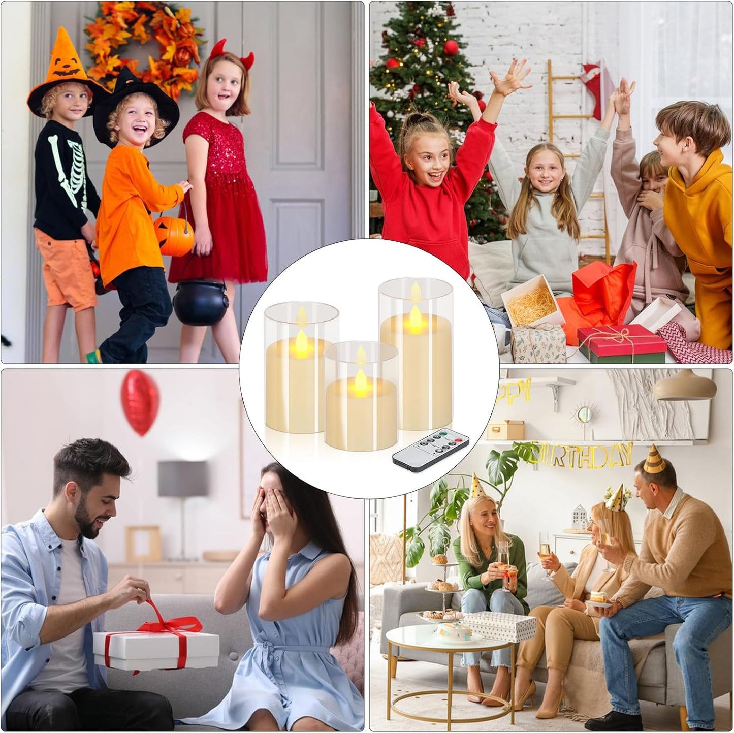 wemarry Flameless Candles 4" 5" 6" Acrylic Glass Pillars 3" Diameter Battery Operated Flickering Candles Include 8-Key Remote with Timer Function 400+ Hours (Amber, Warm Light 3 Pack)
