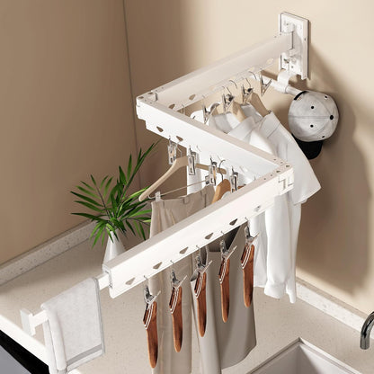 Wall Mounted Tri-Fold Clothes Drying Rack, Heavy Duty Collapsible Laundry Drying Rack, Space-Saving Retractable Foldable Drying Rack Clothes for Laundry Room Balcony Bathroom,Black-Hooks