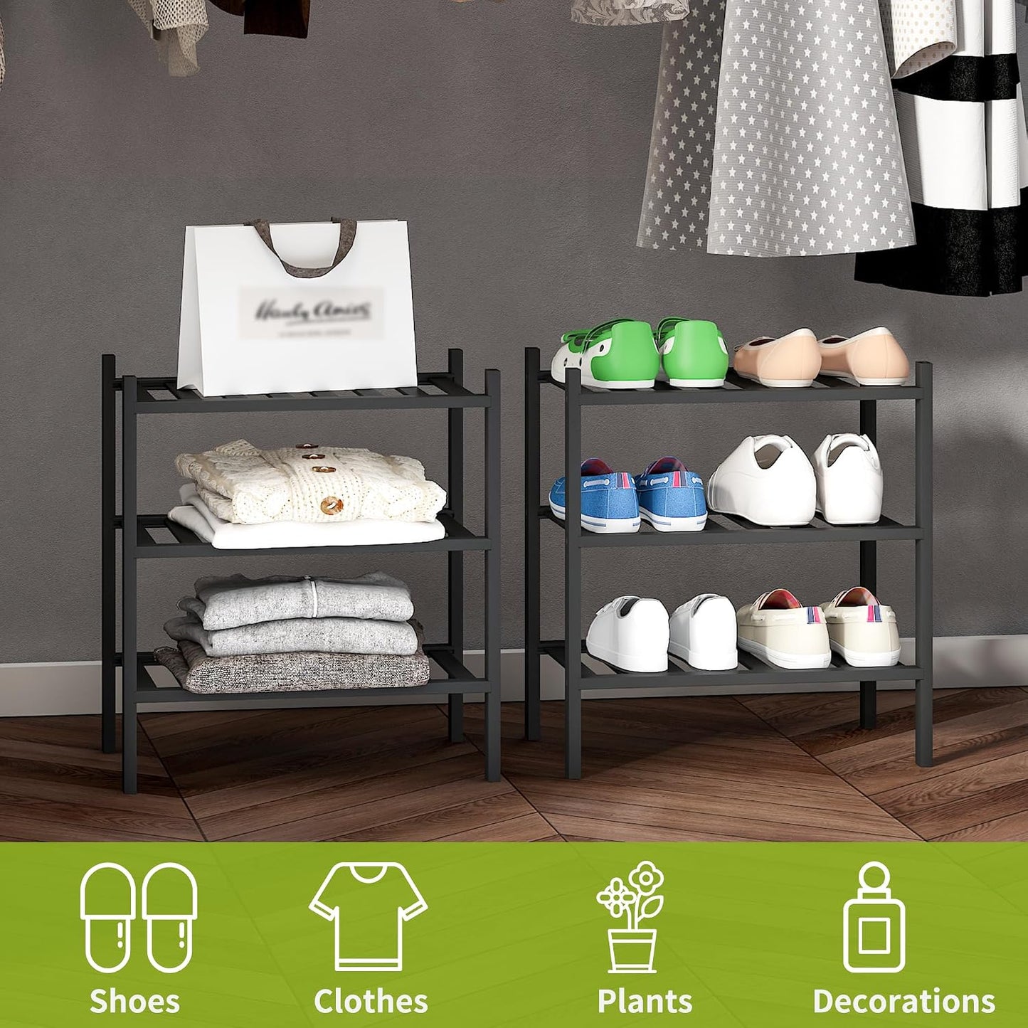 BMOSU 2-Tier Bamboo Small Shoe Rack Premium Stackable Shoe Shelf Storage Organizer for Hallway Closet Living Room Entryway Organizer (Black Bamboo)
