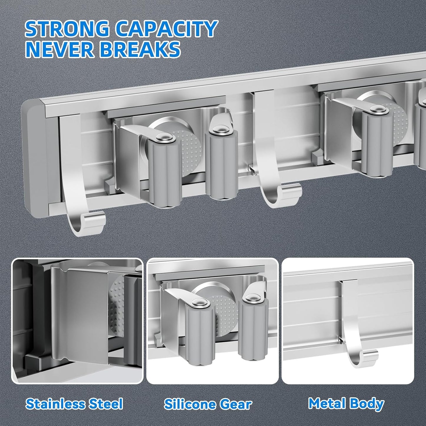reliahom Broom Holder Wall Mount Mop Hanger Tools organizer 4Racks 5Hooks | Adjustable Mop Broom Wall Hanging Heavy duty Tools Storage Rack Space-saving for Garage,Kitchen,Laundry Room,Garden, Silver