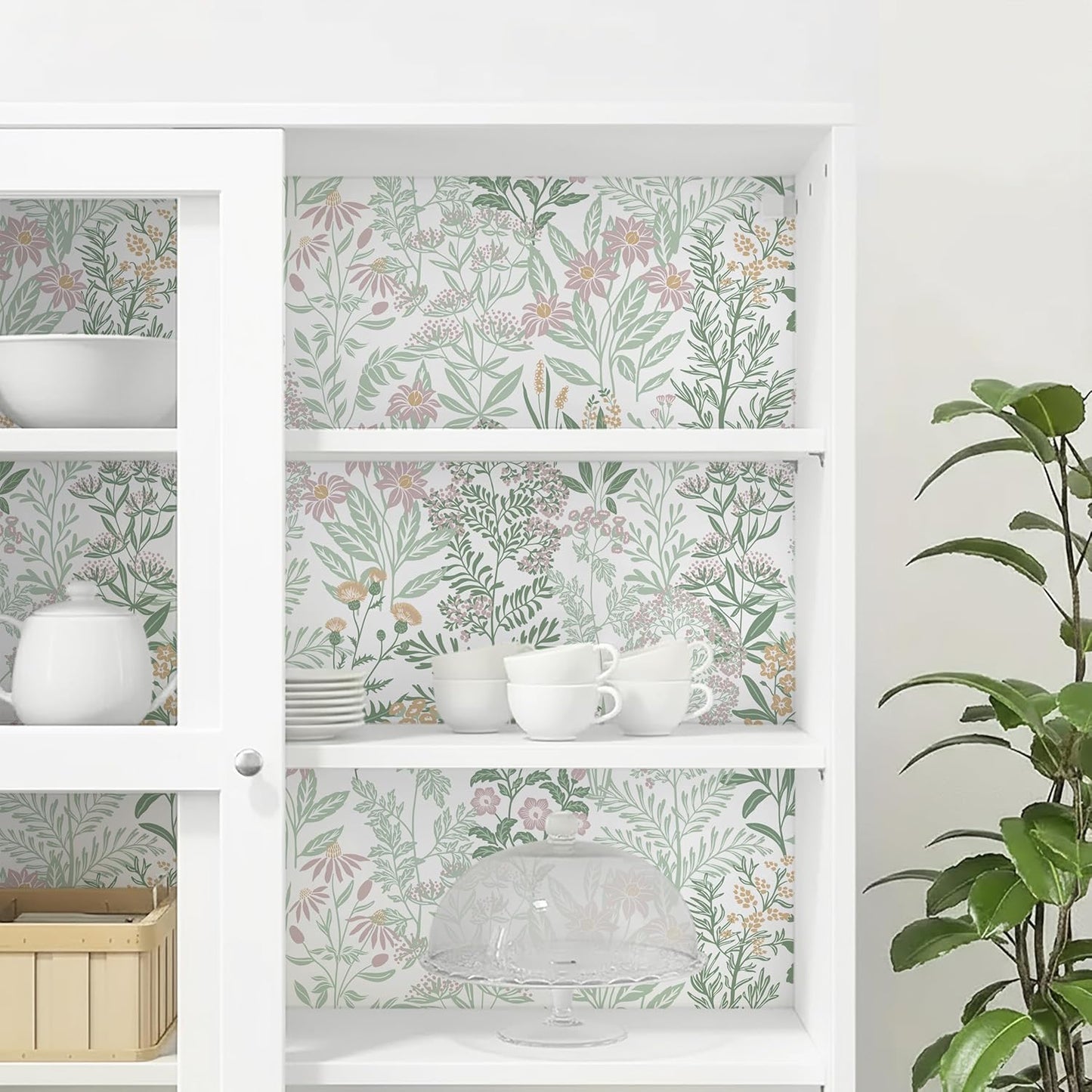 Safiyya Peel and Stick Wallpaper Floral Green and White Leaf Contact Paper for Cabinets 17.3"x 78.7" Self Adhesive Removable Wallpaper for Bathroom Renter Friendly Wall Paper Vinyl Roll