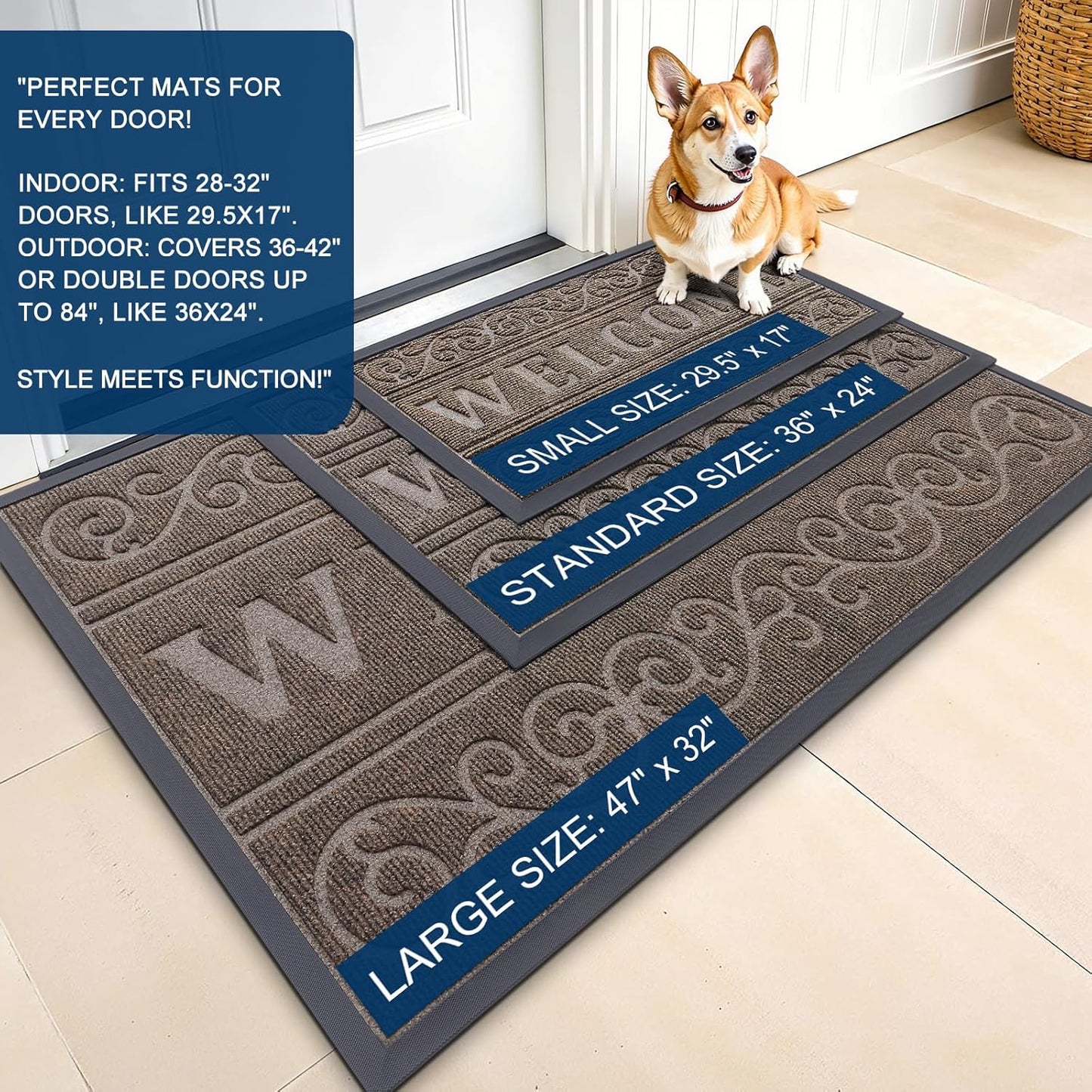 OLANLY Front Door Mat Outside Entrance 29.5x17, Absorbent, Heavy Duty Sturdy Natural Rubber Doormat Indoor Outdoor, Stain and Fade Resistant, Non-Slip Backing Low Profile Floor Mat for Entryway, Grey