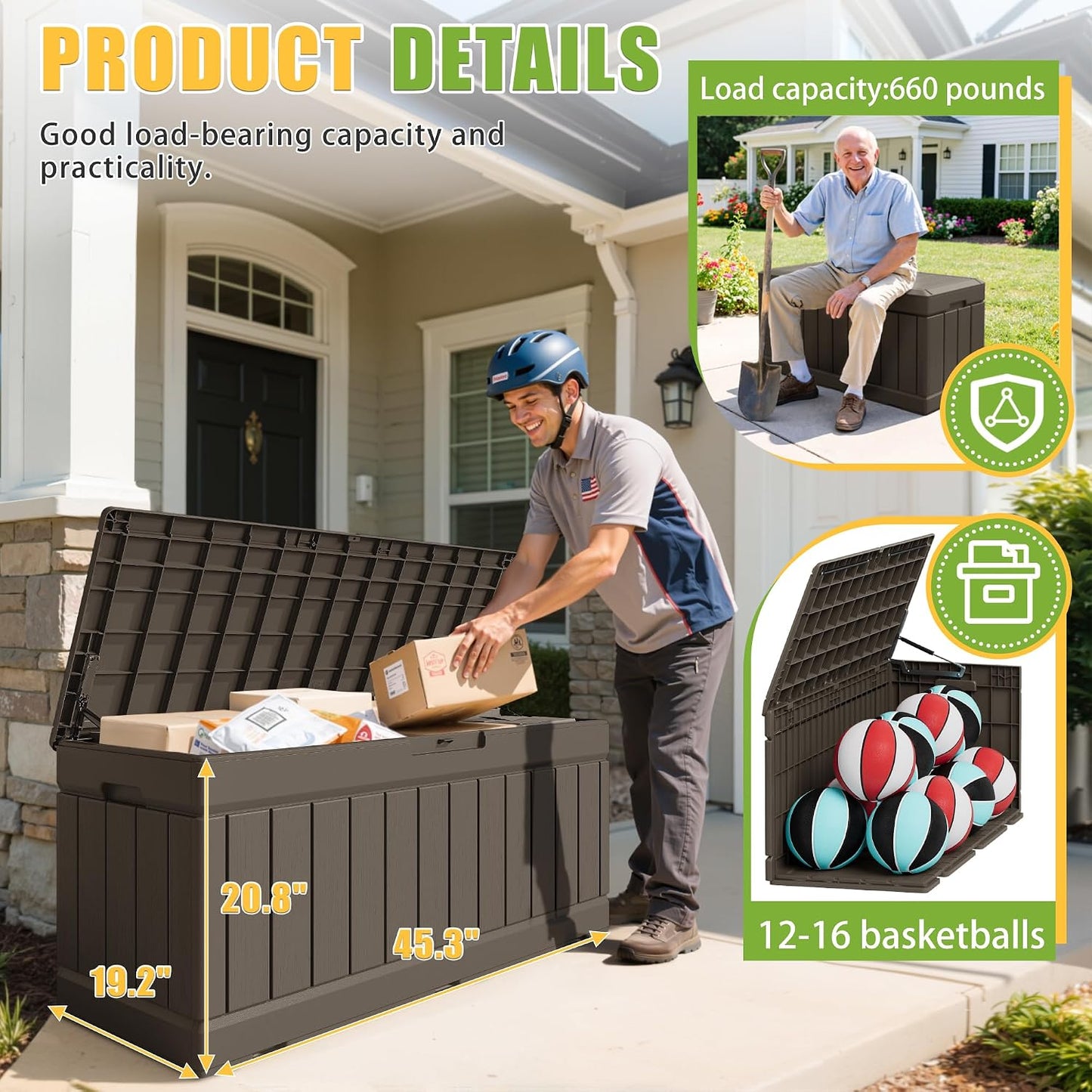 Greesum Outdoor Storage Box 82 Gallon Storage Bin with Lid for Patio Furniture, Garden Tools, Pool Supplies, Waterproof and UV Resistant, Lockable, Black