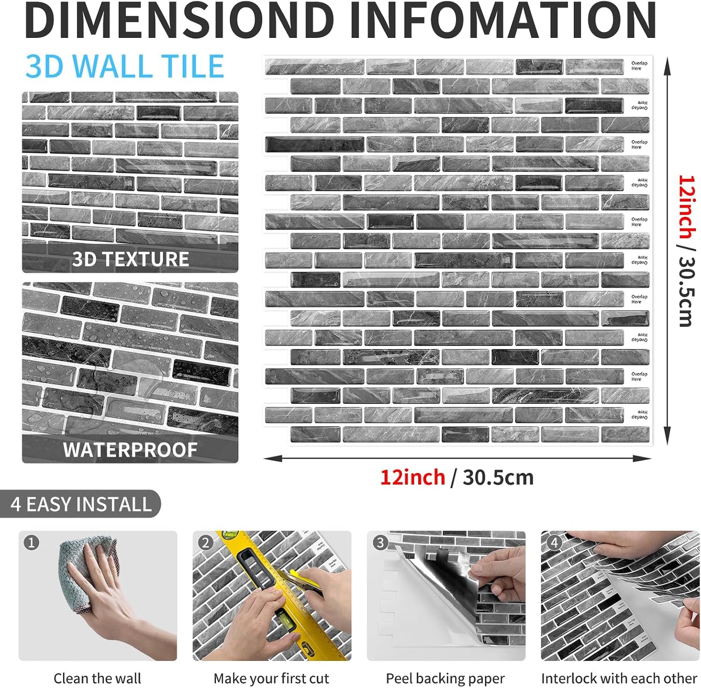 URCOLOR 10-Sheet Peel and Stick Backsplash Tile for Kitchen - 12”×12” Stick on Wall Tile for Bathroom, Black White Grey