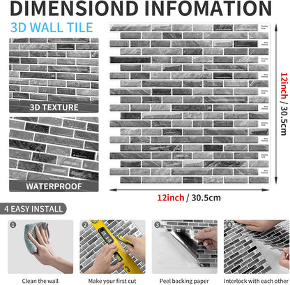 URCOLOR 10-Sheet Peel and Stick Backsplash Tile for Kitchen - 12”×12” Stick on Wall Tile for Bathroom, Black White Grey
