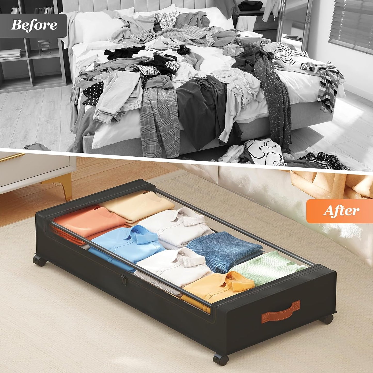 Yecaye Under Bed Storage with Wheels, 2 Pack Under Bed Storage Containers, 60L Underbed Shoe Storage with Clear Window & Label, Rolling Under Bed Metal Drawer for Clothes, Shoes, Books, Blankets