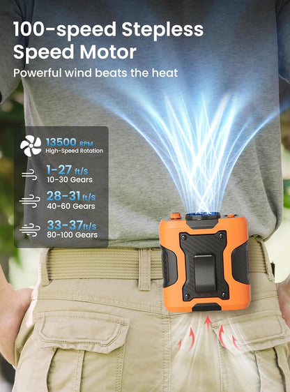 Koonie Waist Clip-on Fan for Shirt, 100 Levels of Speeds, 24H Work Time | Portable Wearable Belt Personal Cooling Fan, Rechargeable Battery, Under-shirt Fan for Outdoor Work, Travel