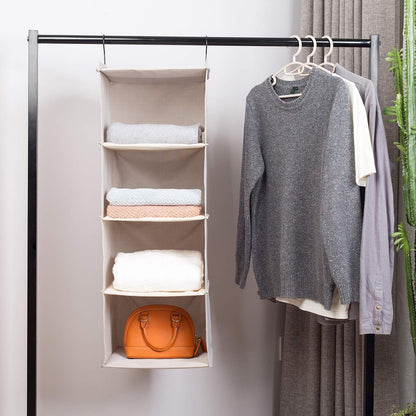 Hanging Closet Organizer 3-Shelf, Oxford Fabric Wardrobe Storage, Gray | Easy-mount foldable design holds clothes, handbags, shoes & accessories; washable Oxford fabric, sturdy and space-saving.